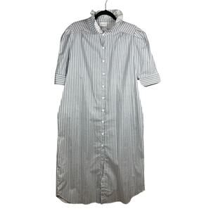 Adrienne Shirt Dress Womens Large White Black Striped Ruffled Collar Button Down